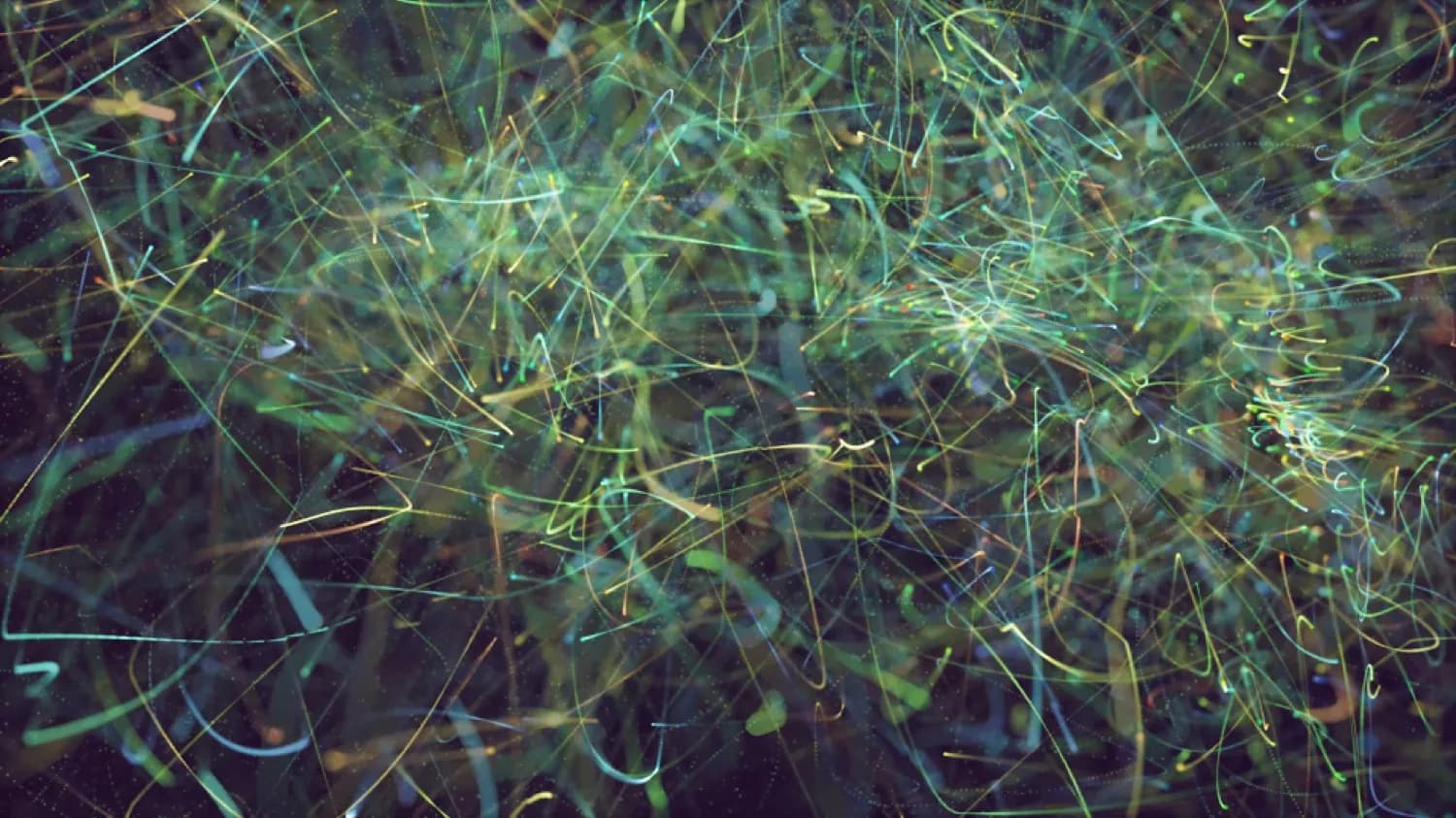 Glowing tangled light trails scattering across darkness, representing fragmented dark-funnel buyer signals