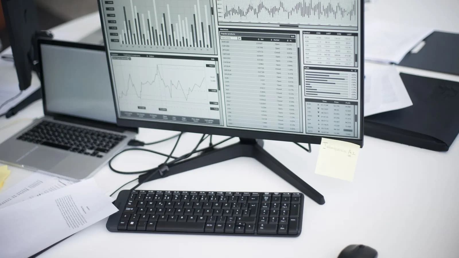 Multi-panel analytics dashboard on a desktop monitor showing connected ad and pipeline data