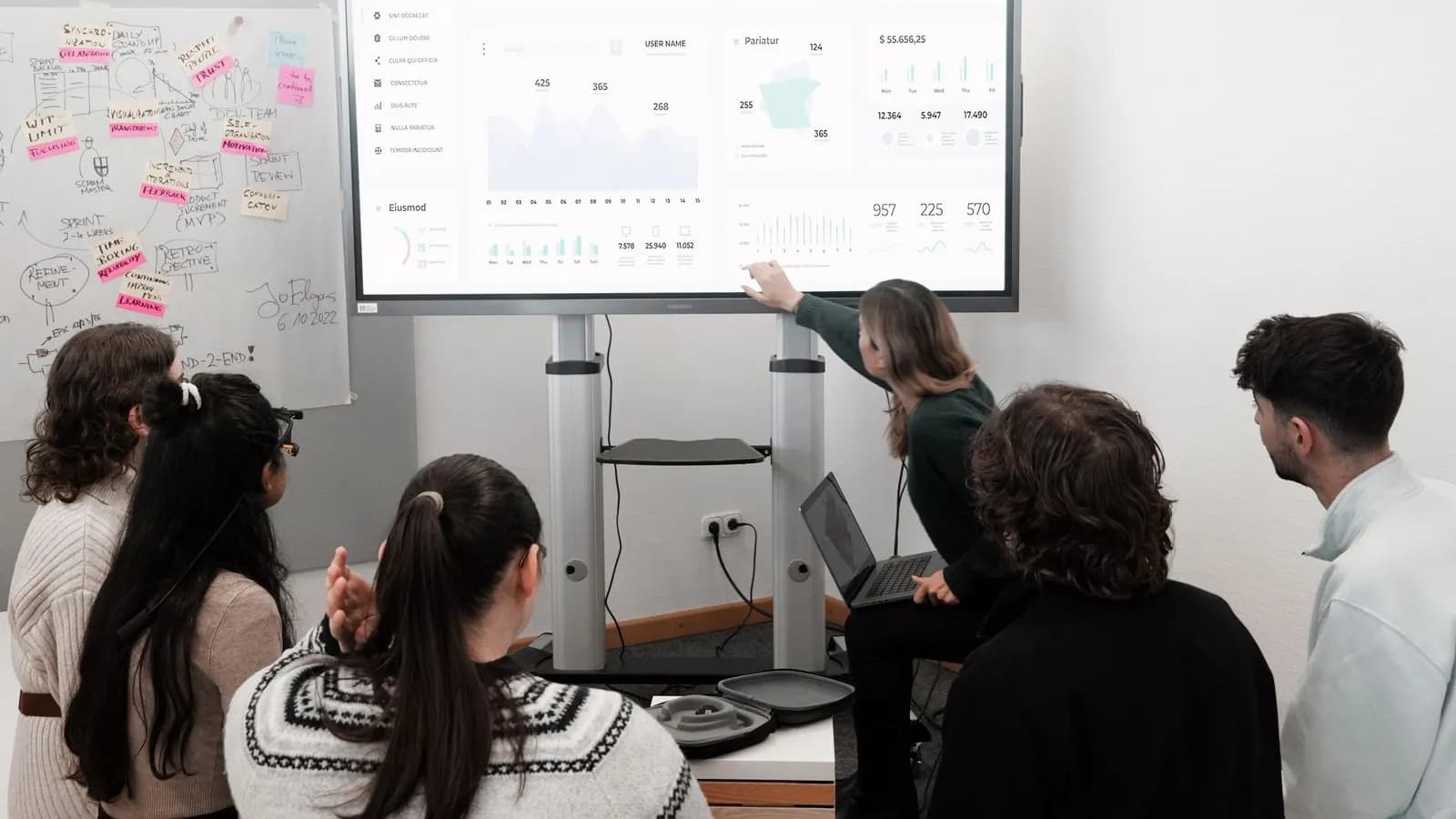 B2B revenue team reviewing a connected GTM analytics dashboard on a large screen