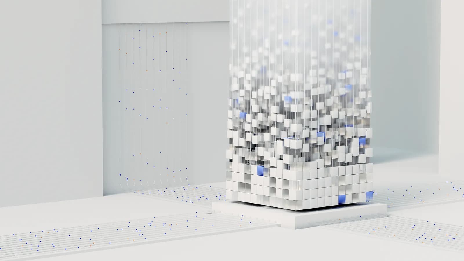 Abstract 3D render of data streams assembling into structured blocks, representing AI-driven enrichment and persona mapping