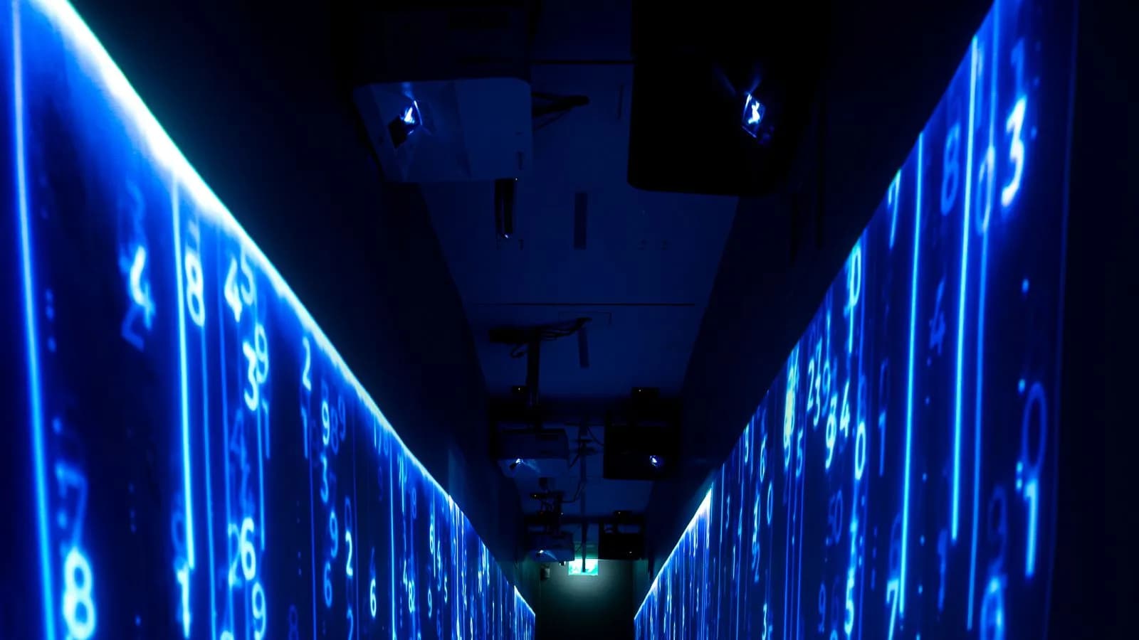 A corridor of glowing blue cascading data numbers, representing raw buyer signals being resolved into account-level intelligence