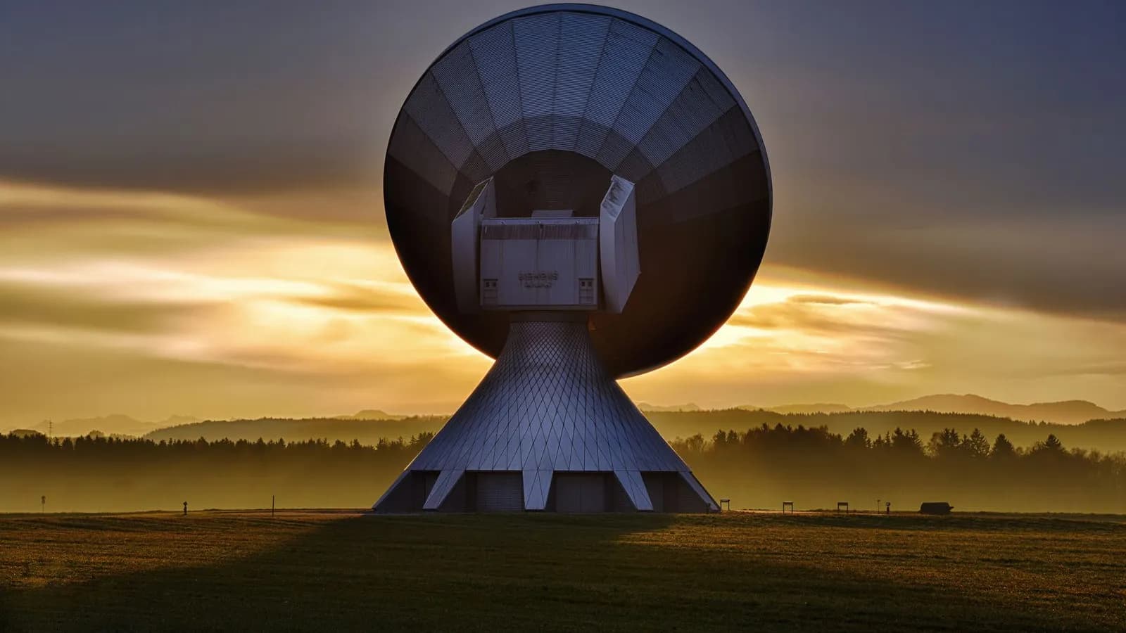 Large satellite dish silhouetted against a dusk sky, listening for faint buyer signals