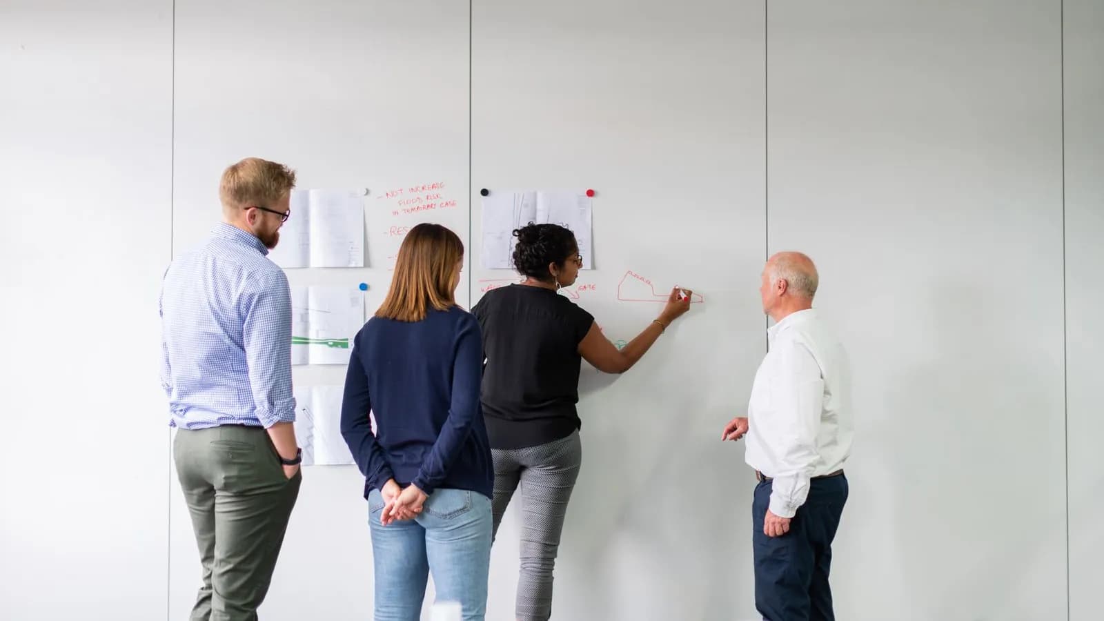 Four colleagues standing at a whiteboard strategy board mapping out a signal-led go-to-market approach