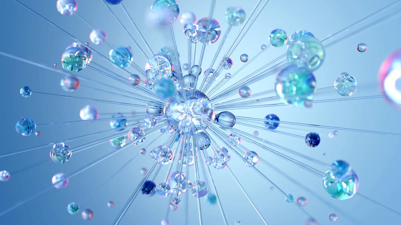 Abstract 3D network of glass nodes radiating from a central hub, representing buyer signals flowing across accounts