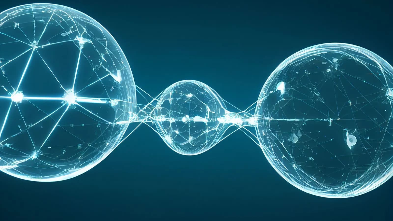 Glowing wireframe spheres linked by data connections, representing AI systems wired into a business's own workflows