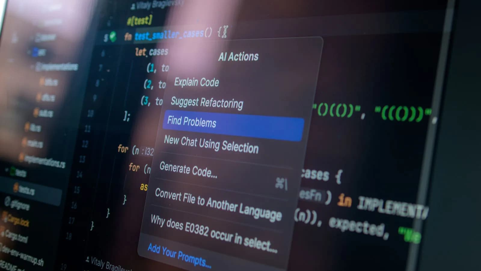 AI assistant action menu overlaying code on a dark screen, representing agents automating account research