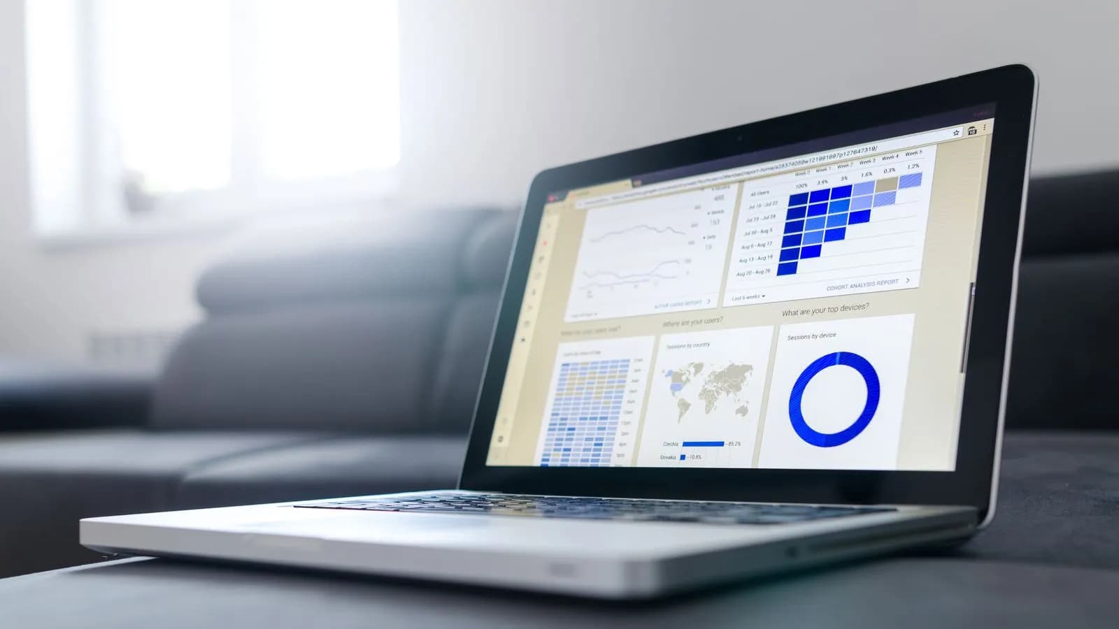 Laptop showing an analytics dashboard with segmented cohort charts visualizing account tiers and engagement signals