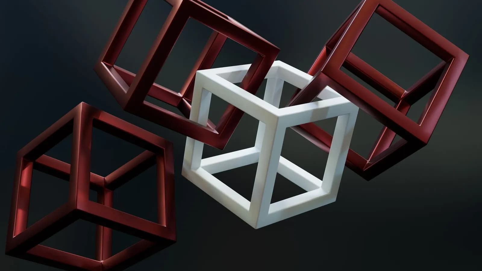 Interlocking red and white 3D wireframe cubes representing different partner types connecting in an ecosystem