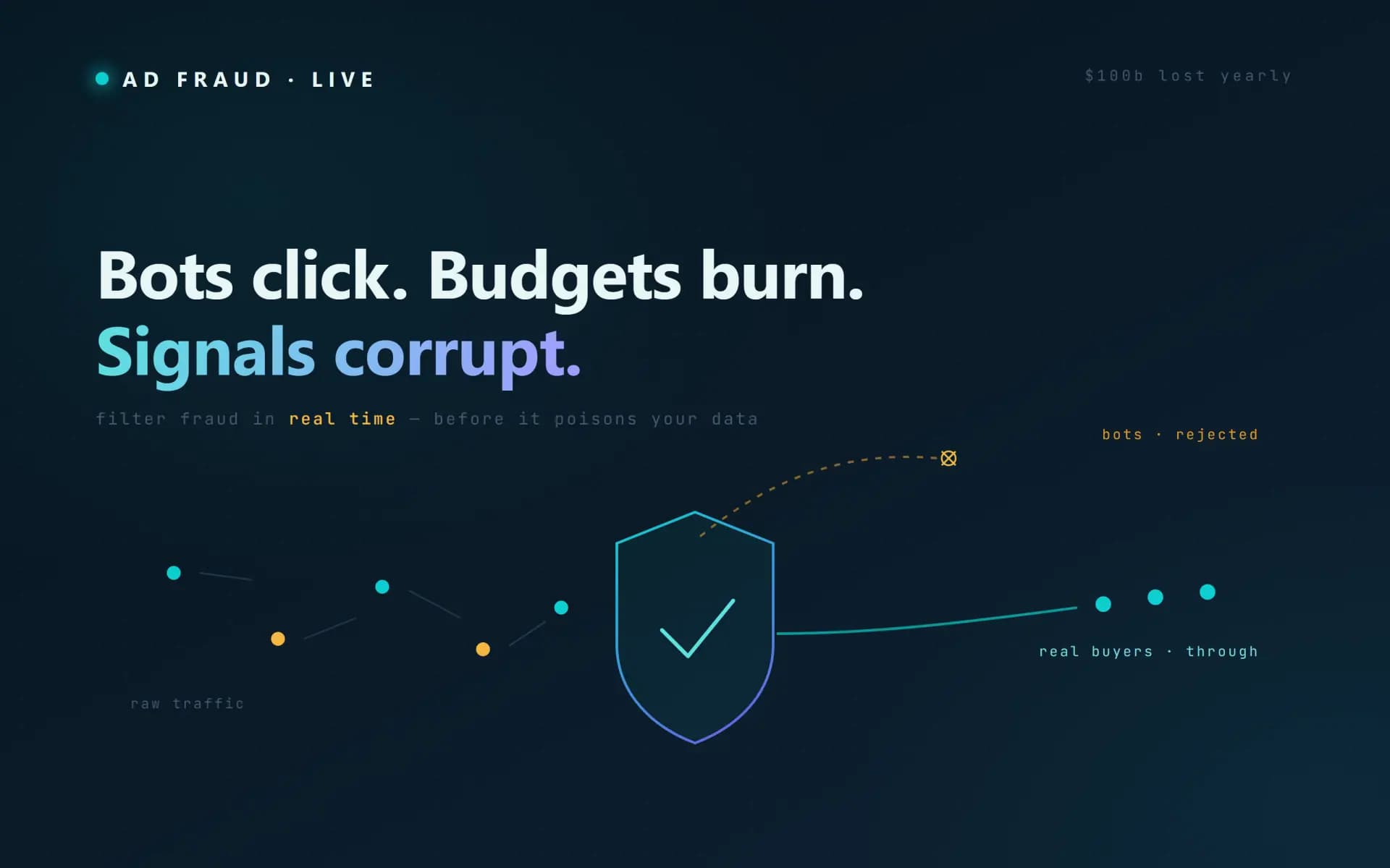 Anonymous hooded figure wearing a glowing neon mask in the dark, representing ad fraud and invalid bot traffic
