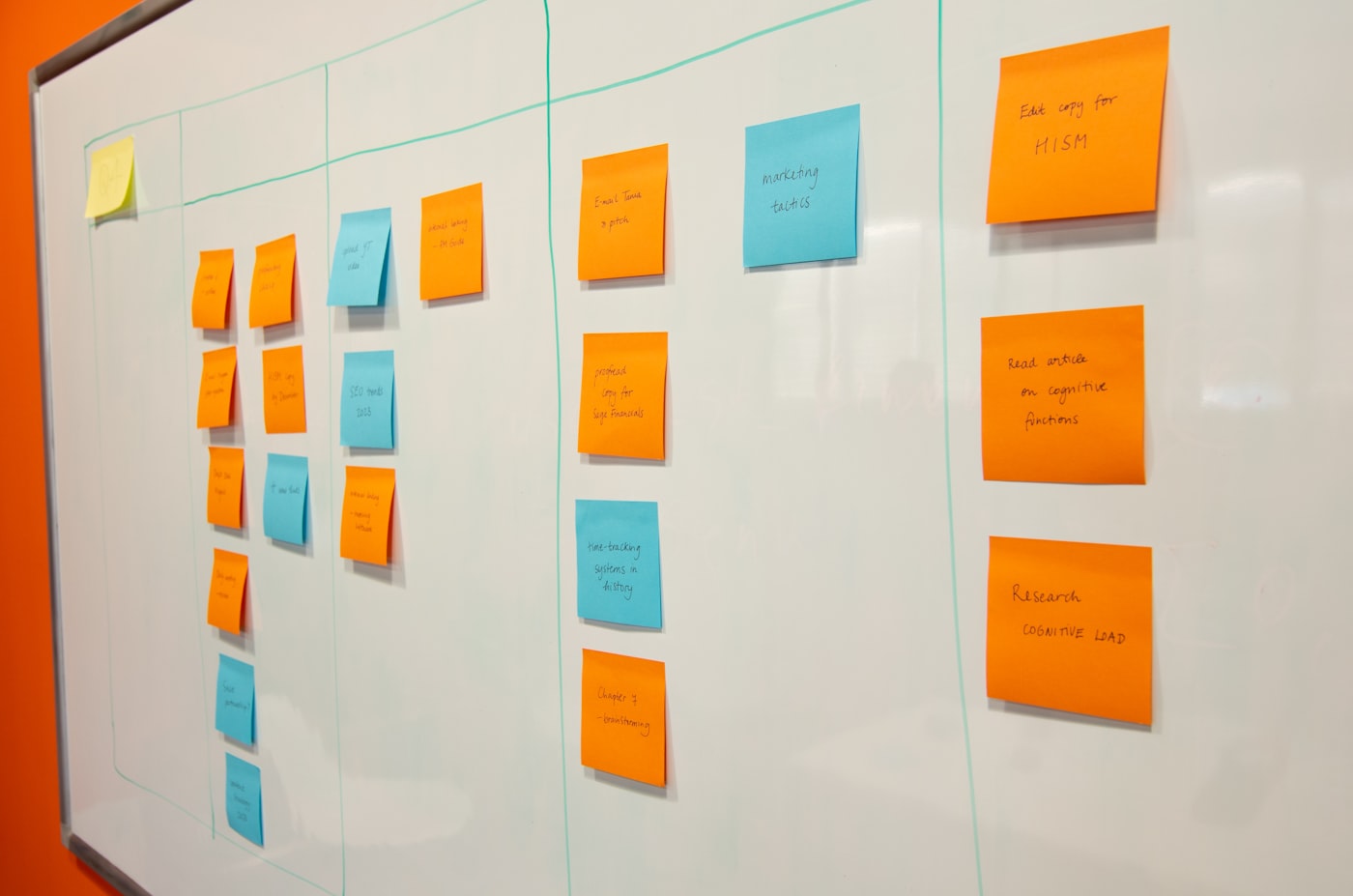 Whiteboard with sticky-note workflow stages — visual metaphor for Clay's multi-provider data enrichment waterfall